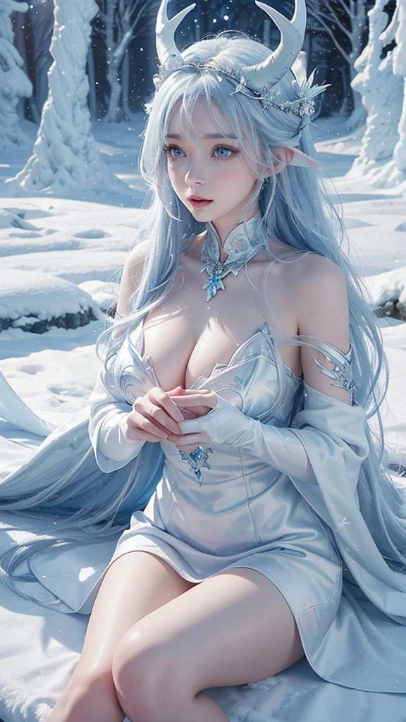 Best quality, cinematic image, Detailed image, fantasy, mythical creature, horns, Ice skin, beautiful woman, The Snow Queen, blue skin, Ice Dragon, detailed beautiful голубые eyes, very long wavy white hair, cold look, White dress, big beautiful breasts, winter forest