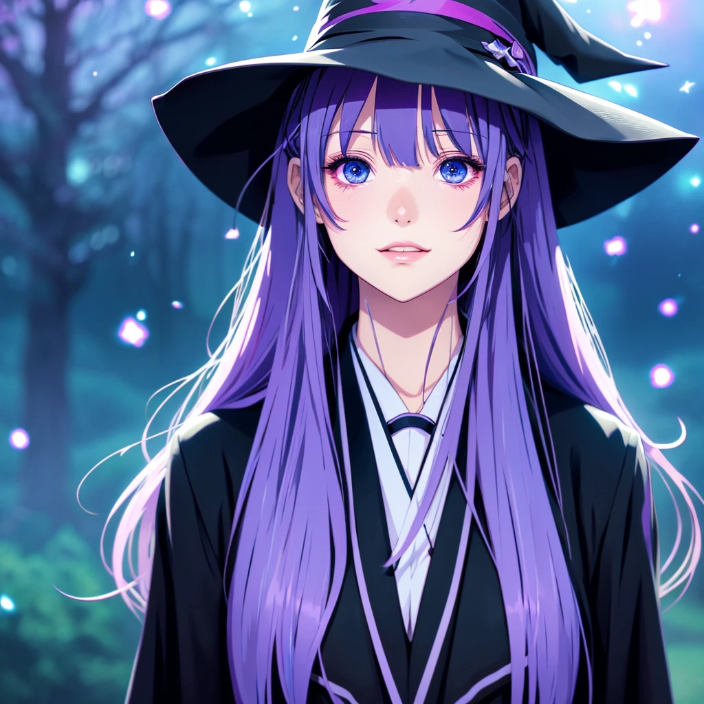 anime girl long purple hair wearing a black Robe. she has pointy ears. Witch Hat. Manga kawaii. iridescent ,An illustration