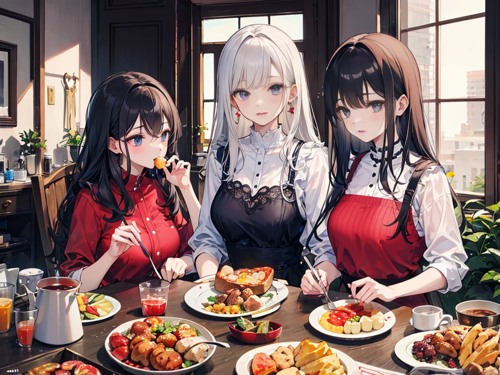 The family was eating，Two girls、One of them is a mother，Two young sons