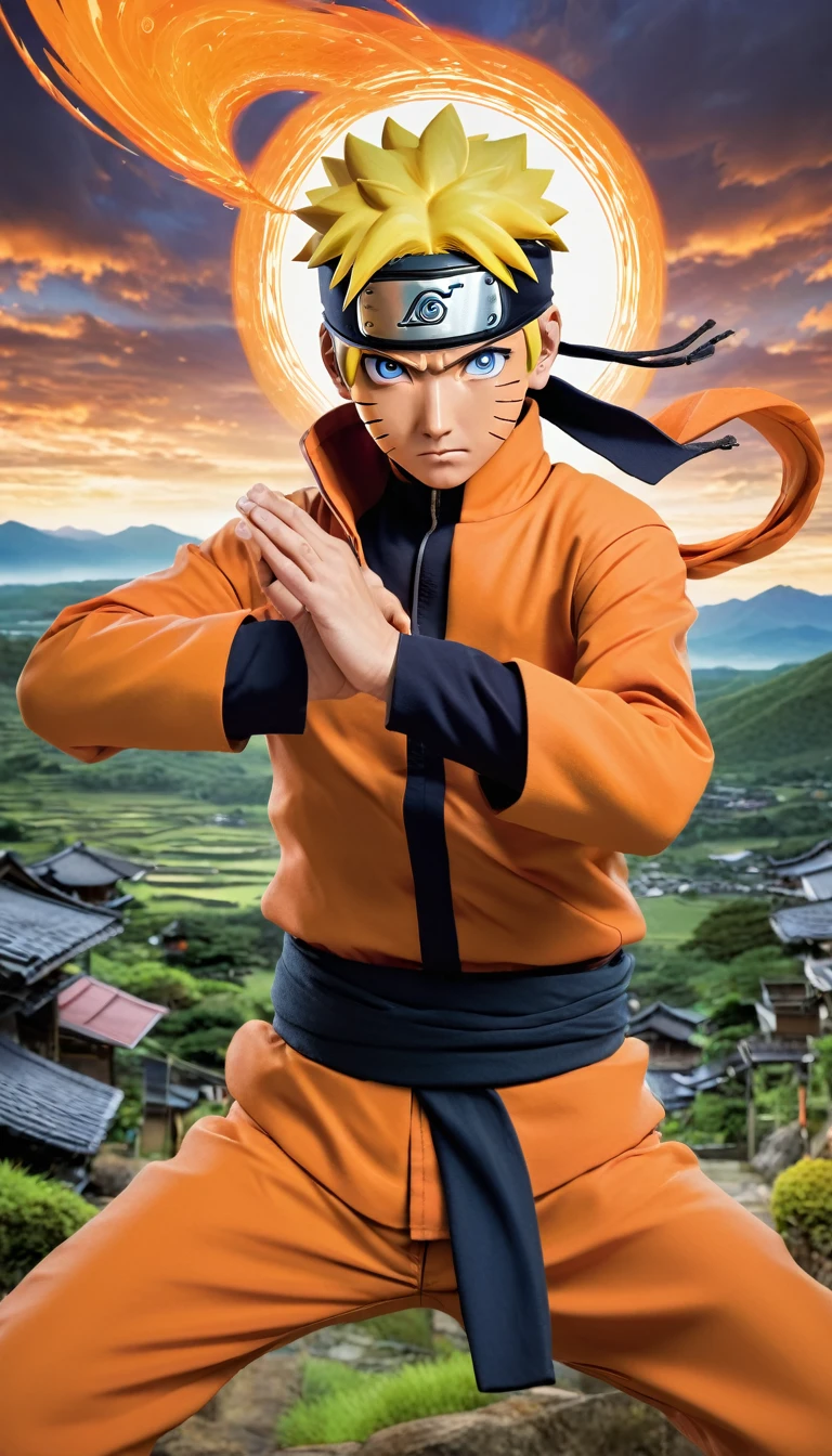 Naruto Uzumaki, dynamic action pose, swirling Rasengan, Konoha village backdrop, vibrant anime style, detailed, intense expression, headband, orange jumpsuit, cinematic shot