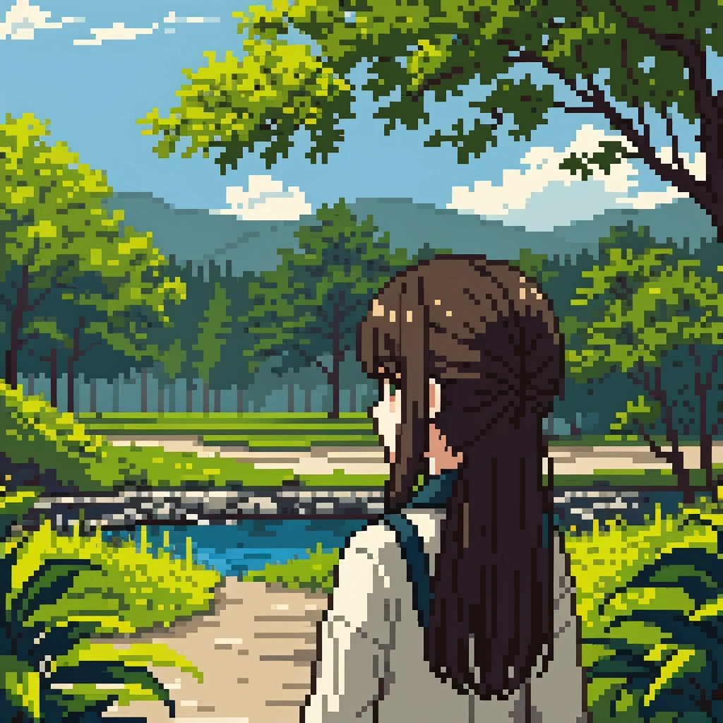 girl backview, detailed hair, detailed clothing, outdoor nature landscape, warm lighting, cinematic, highly detailed, photorealistic, 8k