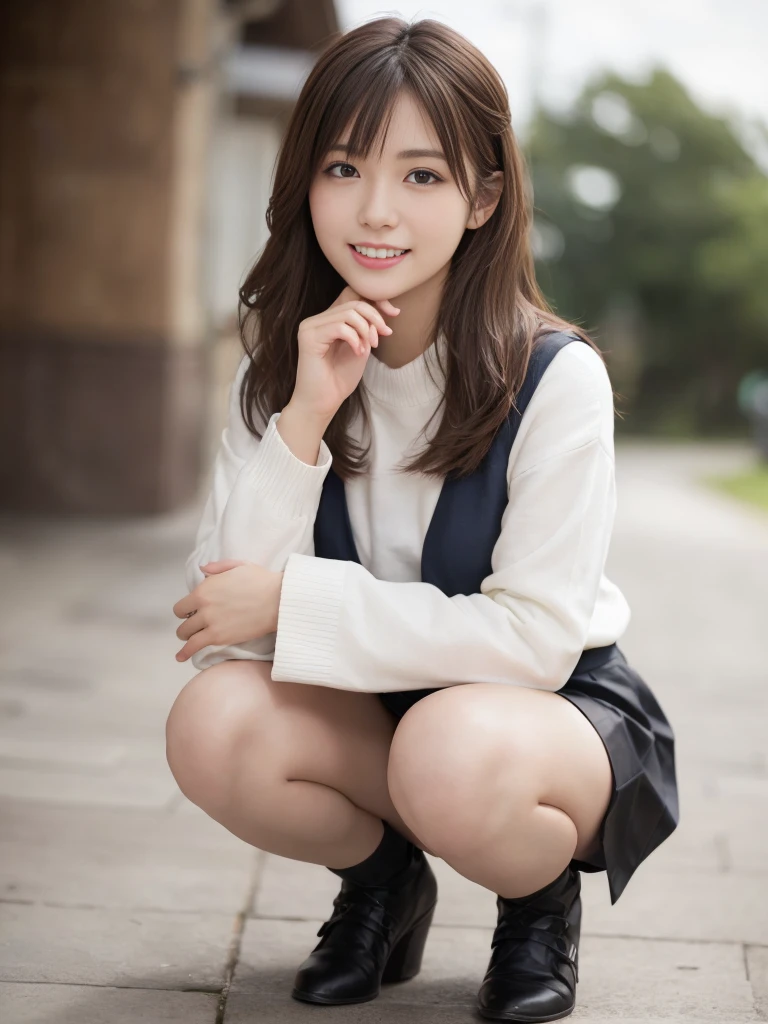 (Happy expression:1.26)、RAW Photos、(((The ultimate beauty full-body photo)))、((Glowing Skin))、1 girl、25 year old beautiful girl from Prague、Bright expression、((Brown haired))、Girl in sweatshirt、Checkered pleated skirt、View from the floor、(Long stockings or pantyhose)、(Pull up your skirt yourself)、Big Breasts、Spread your legs、Squat、Showing panties、((Very detailed))、(Perfectly detailed face)、(Fine hand)、(Finger details)、(Superior human structure)、Photorealistic images、最high quality、Very detailed、Film Light、Intricate details、High resolution、Very detailed))、Detailed Background、8KUHD、Digital single-lens reflex camera、Soft Light、high quality、Film Grain、Fujifilm XT3 、Shallow depth of field、natural Soft Light、Kamimei、