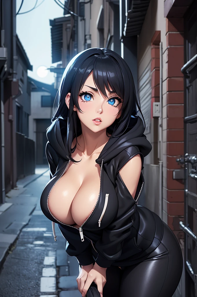 anime style, ((alleyway moonlight)), 1 woman, black hair, ((detailed blue eyes)), luscious lips, (((detailed face))), ((large round breasts)), she is wearing a ((black zipper hoodie with nothing underneath)), black leggings, ((cleavage)).