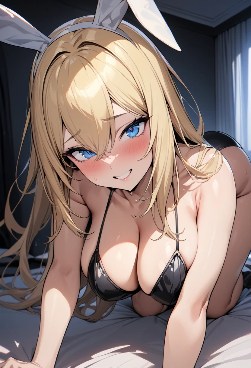 ((highest quality)),masterpiece, One adult woman, Big Breasts, solo, Long Hair, Blonde,((blue eyes)),tall, Bunny girl,Bunny costume,Shoulder Bare,Black leotard,smile,Trance,On all fours,Bedroom,