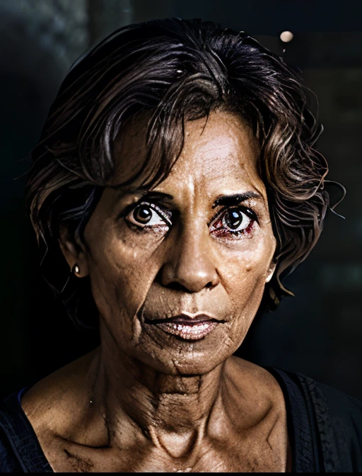 a lean 65 year old woman, disheveled messy hair, Egyptian features, mature, toned, shoulder-length brown hair, pretty yet masculine, dark complexion, green eyes, phone photo style, warn clothes, dramatic, chiaroscuro, medieval setting, poverty, dark prison, top down