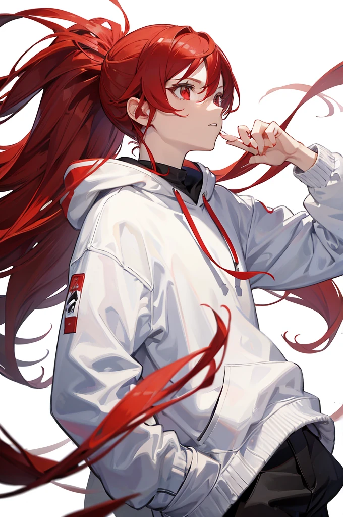1 person, Red Hair, ponytail, red eyes, white hoodie, black pants, white background,