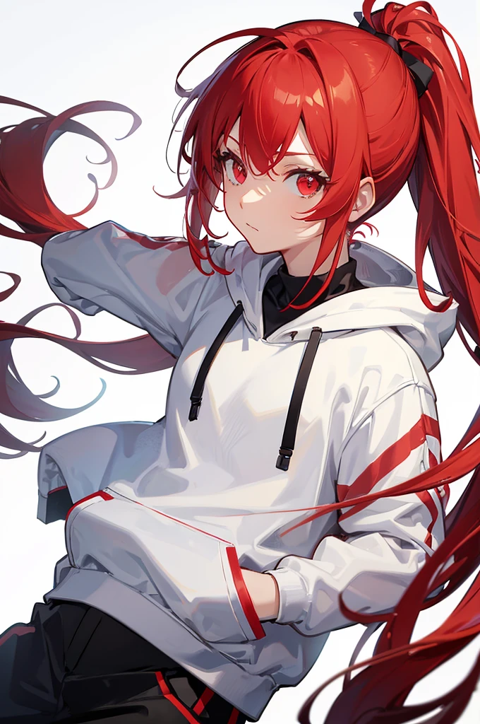 1 person, Red Hair, ponytail, red eyes, white hoodie, black pants, white background,