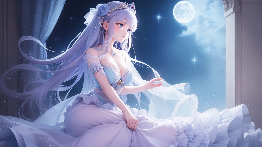 A princess with a delicate and beautiful face, large eyes, and translucent skin is looking up at the moon from a castle, enchantingly dressed in a traditional and glamorous medieval European dress and wearing a large hair ornament. A gentle, warm light surrounds the princess. The background is filled with soft out-of-focus light, and the pale blue and purple tones create a dreamy, serene, and enchanting atmosphere. Fireflies glowing in the moonlit night surround the princess, adding to the magical and ethereal atmosphere. Emphasis on the armpit and clavicle