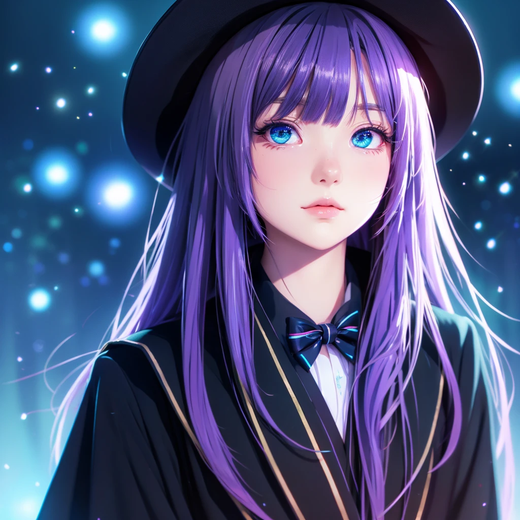 anime girl long purple hair wearing a black Robe. she has pointy ears. Witch Hat. Manga kawaii. iridescent ,An illustration
