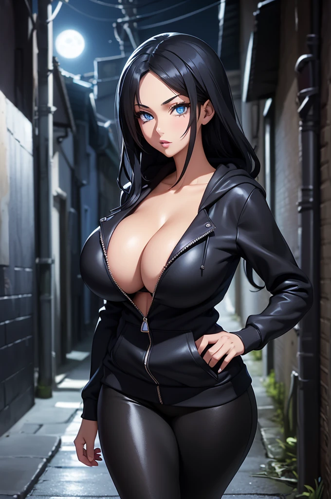 anime style, ((alleyway moonlight)), 1 woman, black hair, ((detailed blue eyes)), luscious lips, (((detailed face))), ((huge round breasts)), she is wearing a ((black zipper hoodie with nothing underneath)), black leggings, ((cleavage)).