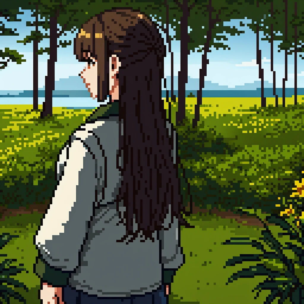 girl backview, detailed hair, detailed clothing, outdoor nature landscape, warm lighting, cinematic, highly detailed, photorealistic, 8k