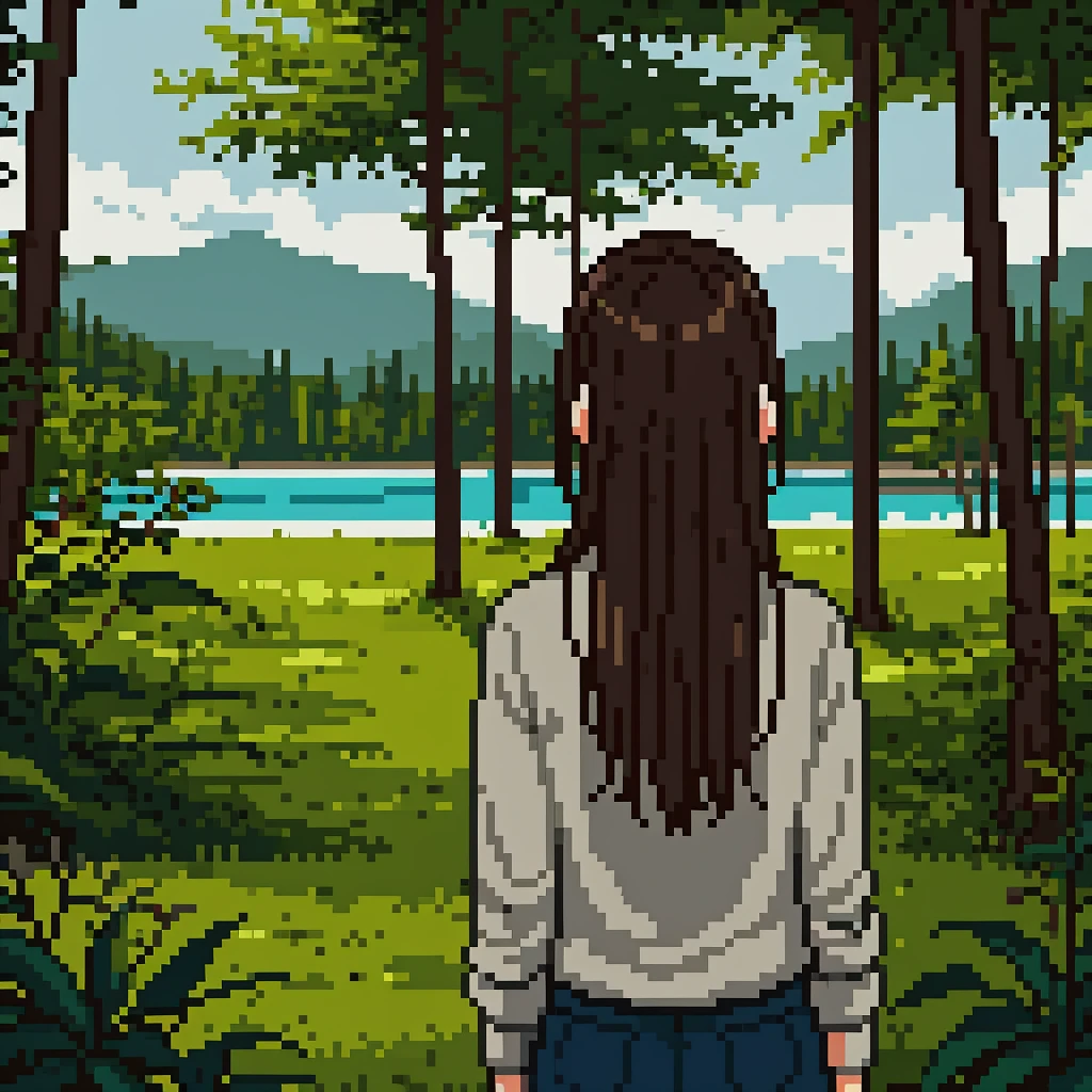 girl backview, detailed hair, detailed clothing, outdoor nature landscape, warm lighting, cinematic, highly detailed, photorealistic, 8k