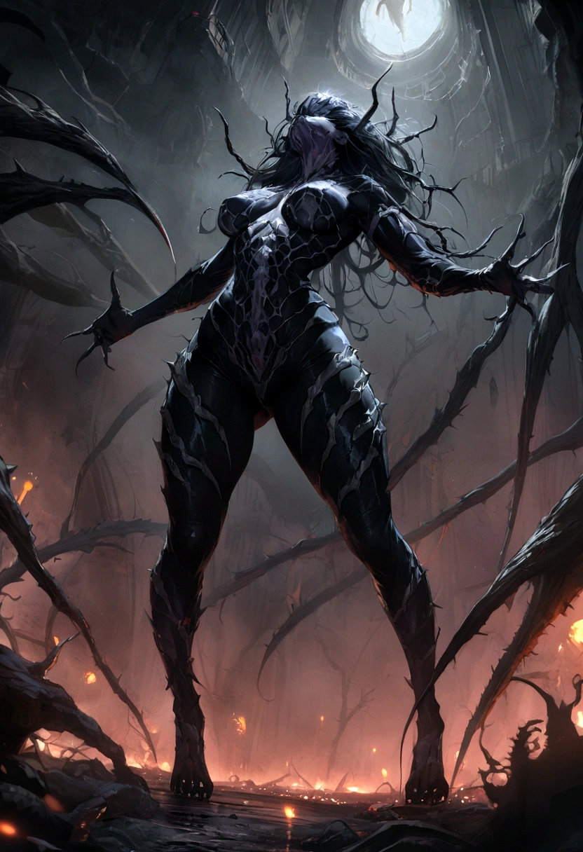 sexy venom symbiont woman, huge , dark horror aesthetic, high detailed image, full body, masterpiece
