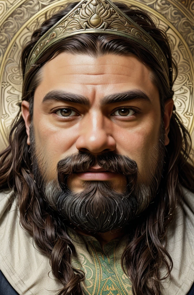 Portrait Rpg, Bronze Frame, Close-up, Race: Dwarf, Gender: Male, Age: 30 years, Eyes: Dark Brown; Skin color: Light skin, Hair: Curly brown, Physique: Fat complexion, Facial features: Leafy beard, Expression: Cheerful look, Equipment: Dwarf King clothing, Background: simple portrait with frame, Alphonse Mucha (Masterpiece, best quality, high: 1.4), detailed, intricate details, 4K, splashes of color, line art, fibonacci