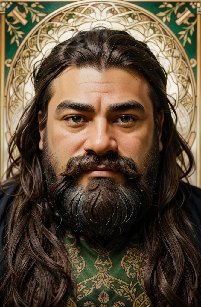 Portrait Rpg, Bronze Frame, Close-up, Race: Dwarf, Gender: Male, Age: 30 years, Eyes: Dark Brown; Skin color: Light skin, Hair: Curly brown, Physique: Fat complexion, Facial features: Leafy beard, Expression: Cheerful look, Equipment: Dwarf King clothing, Background: simple portrait with frame, Alphonse Mucha (Masterpiece, best quality, high: 1.4), detailed, intricate details, 4K, splashes of color, line art, fibonacci