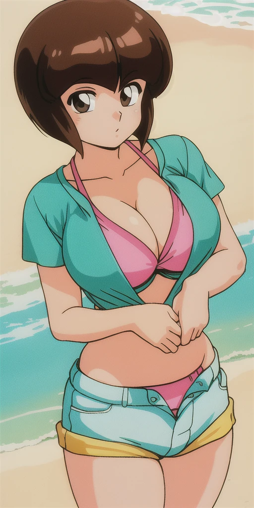 tendounabiki, huge_breasts, standing, solo, Aqua_shirt_Pink_undershirt_Short_shorts, masterpiece, best quality, detailed face, detailed eyes, highres, bikini, summer, beach