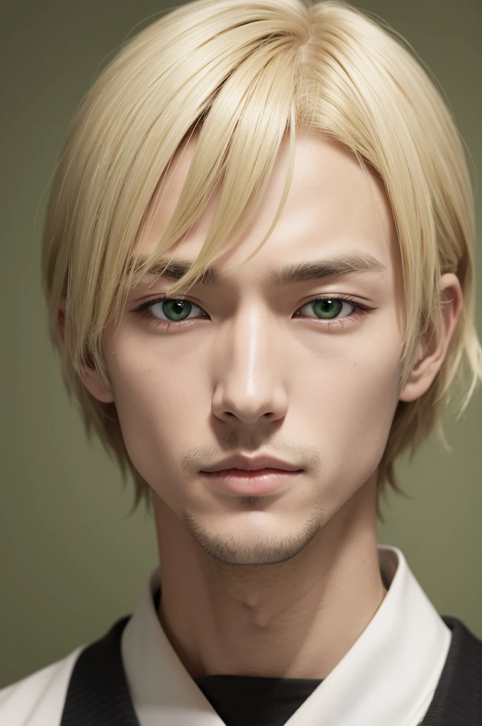 A blond Japanese man with green eyes and a long nose