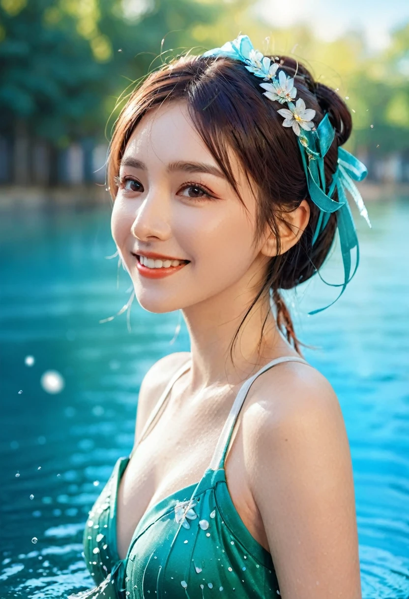 Beautiful woman, Smile, particle, Streamer, water, Sexy, fantasy, comics, anime, Rich colors, complex, Bokeh, Nice background