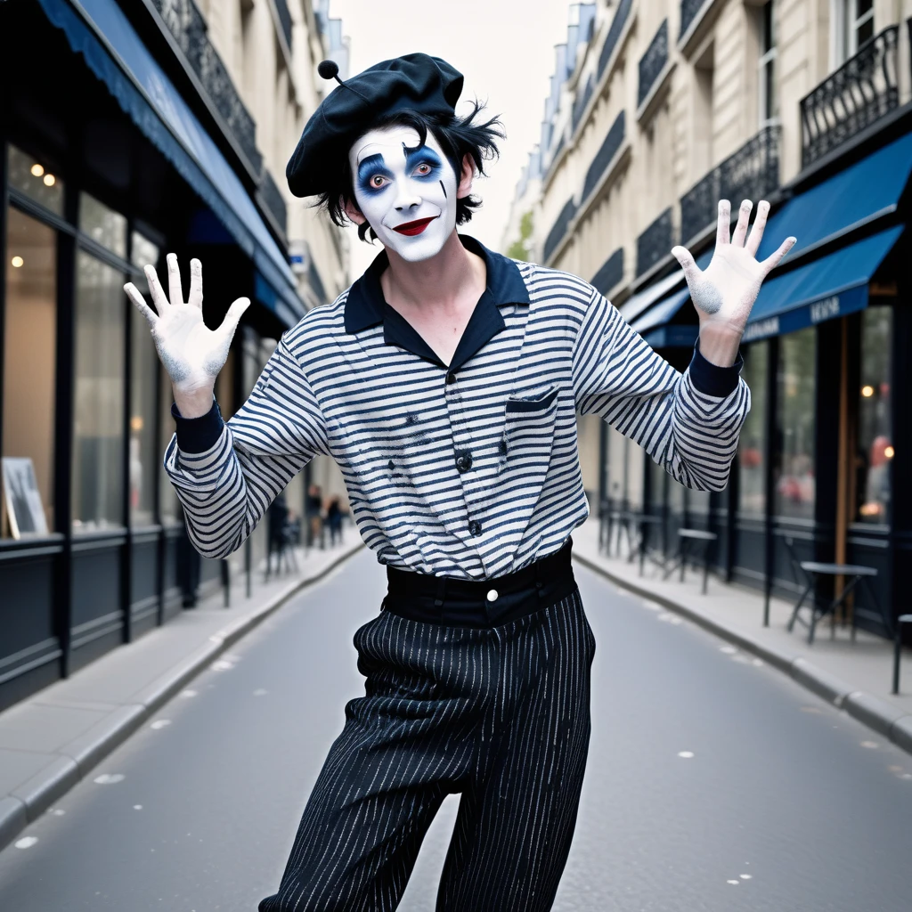 adult tall male mime, shirt grunge, sketchy lines, messy hair, black hair, wearing a beret,,happy, has mime makeup on, wearing a mime outfit, dark blue eyes, performing on the streets of paris, showing full body, on a city street, solo, alone, (SOLO)(ALONE) Dancing, arms out, hands open