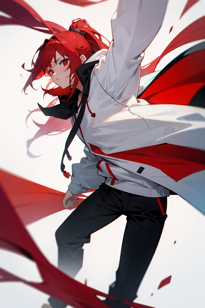 1 person, Red Hair, ponytail, red eyes, white hoodie, black pants, white background,