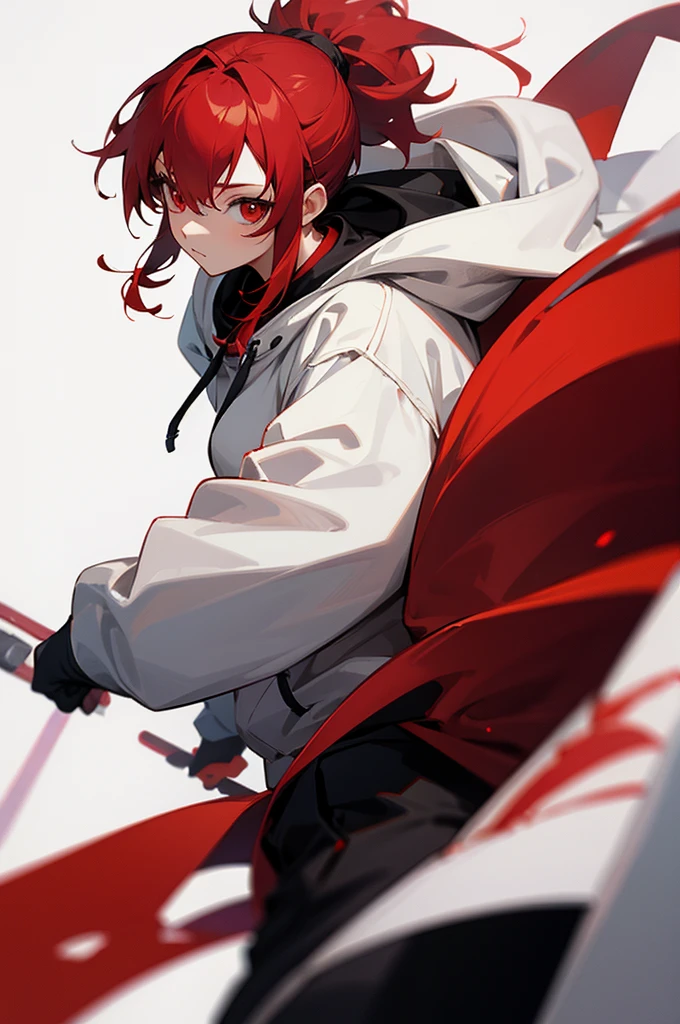 1 person, Red Hair, ponytail, red eyes, white hoodie, black pants, white background,