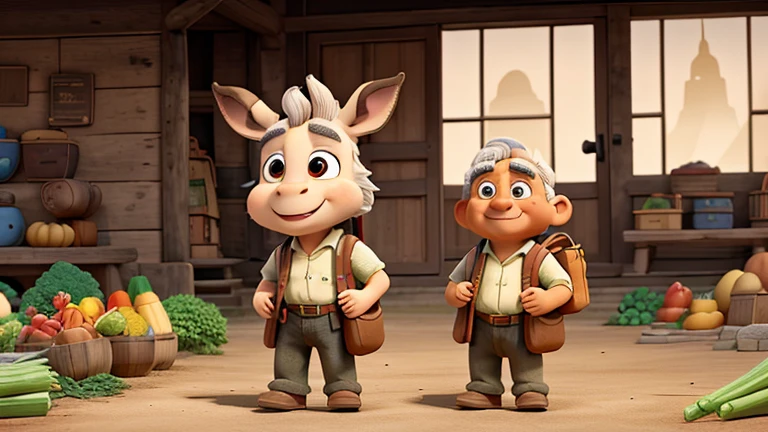 donkey named Bento, with bright eyes and courageous expression, carrying bags of flour and vegetables, meets a wise old man on the mountain