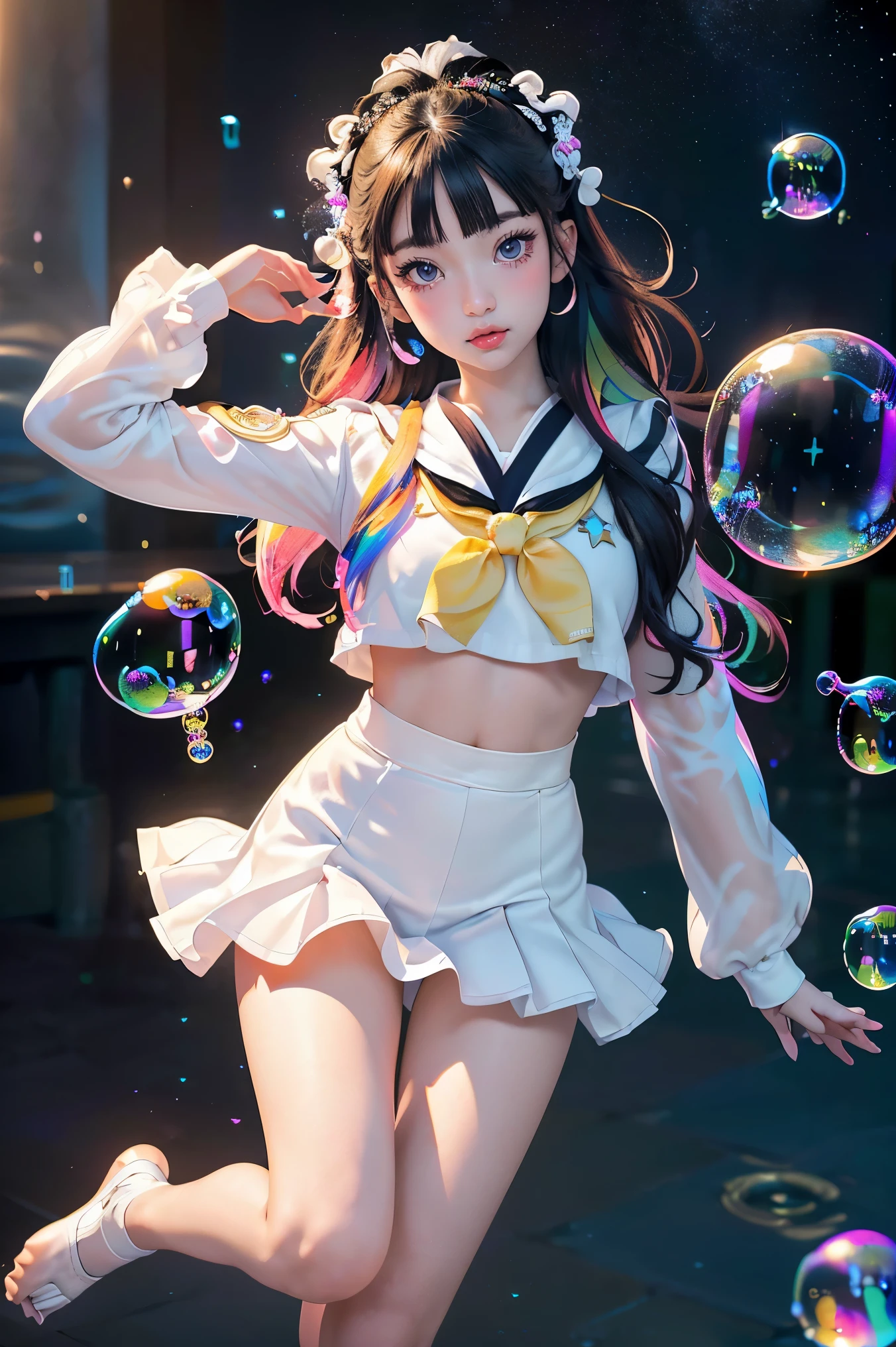 (Masterpiece), (best quality), (official art, Very detailed CG unity 8k wallpaper.), (Highly detailed), ((nonsense)), 1 girl, Medium shot, (exquisite face),(Serafuku:1.3) ((NRF)),((clear hand)), ((White thighs, no shoes)),tear, colored contact lenses, Stars in the eyes, (((colorful bubbles))), Multi-colored glass, (album cover)