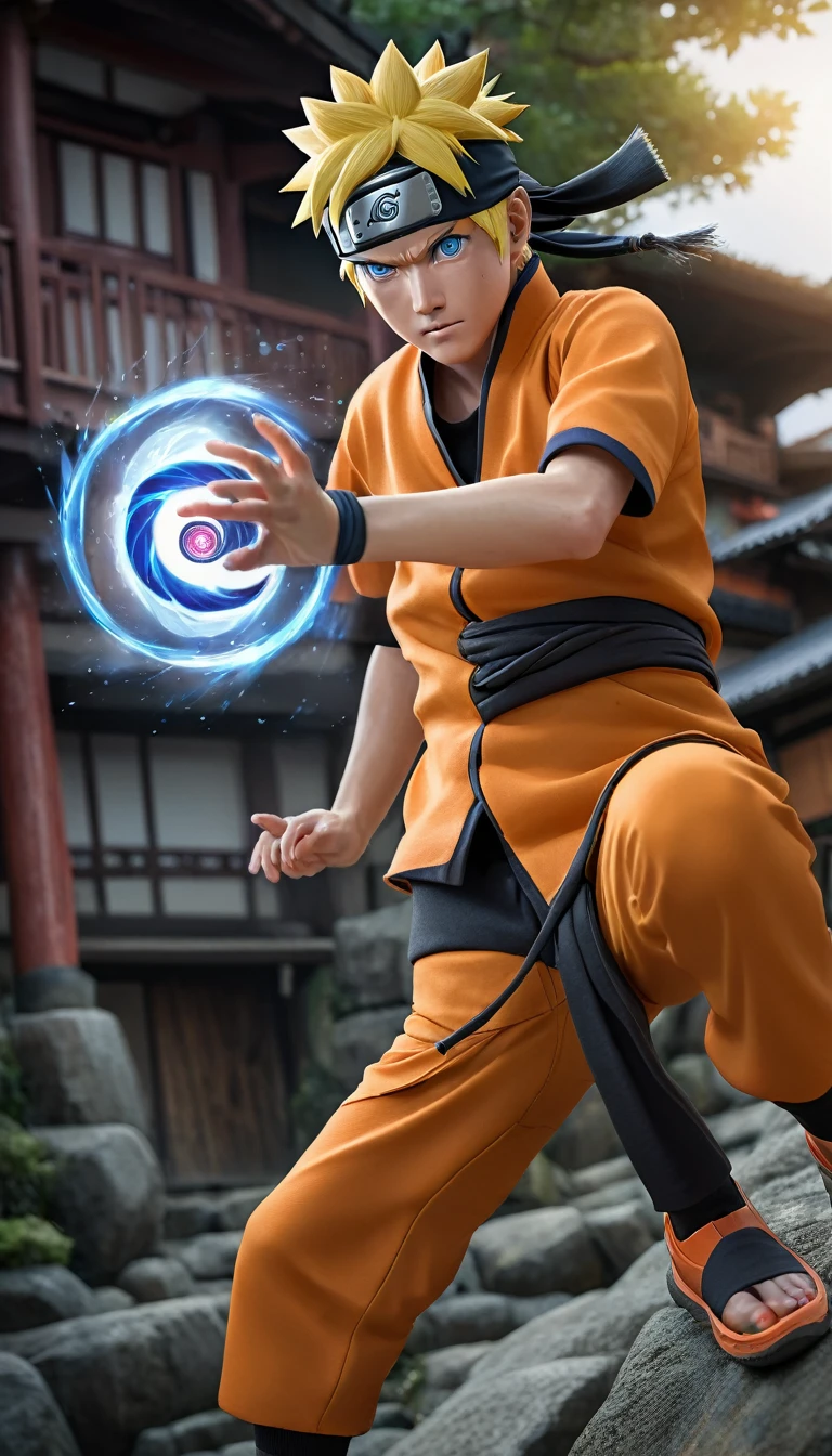 Uzumaki Naruto、Realistic depiction、Intense gaze、Detailed background of Konoha Village、Swirling Rasengan、Realistic Textures、Orange jumpsuit、head band、Dynamic pose、Photorealistic、Cinematic lighting」