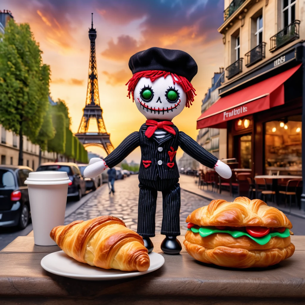 (knitted toy voodoo doll:1.8), (holding a croissant in his hands:1.1), wearing a beret, striped T-shirt and black pants, in the background the Eiffel Tower, a street cafe, with street artists, best quality, masterpiece, detailed soft oil painting, detailed background, dramatic cinematic lighting, soft edge lighting, professional, dramatic lighting, hard edge lighting, ultra quality, 4k, masterpiece, best quality, 8k, ultra high definition, high resolution, extremely detailed