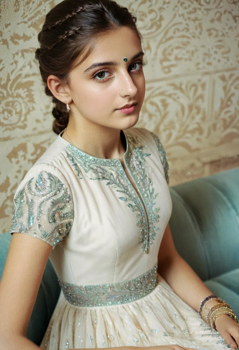 1girl, detailed face and , beautiful detailed nose, white skin, indian ethnicity, 16 years old, white dress, sitting on sofa , looking at camera, (best quality)-detailed,( photo-realistic:1.37), cool color tones