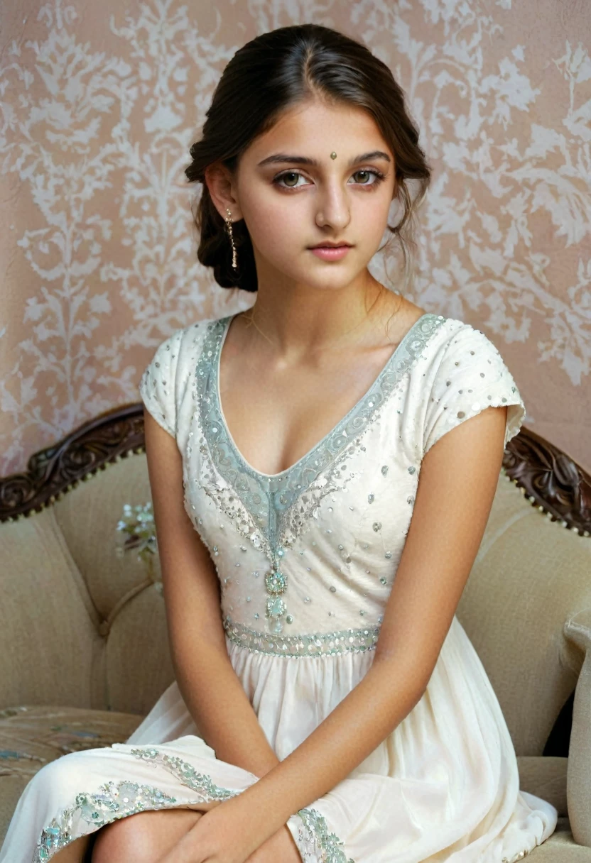 1girl, detailed face and ,  beautiful detailed nose, white skin, indian ethnicity, ************, white dress, sitting on sofa , looking at camera, (best quality)-detailed,( photo-realistic:1.37), cool color tones