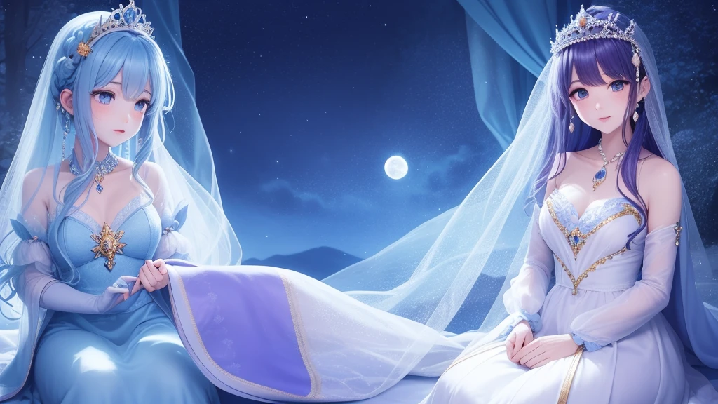 A princess with a delicate and beautiful face, large eyes, and translucent skin is looking up at the moon from a castle, enchantingly dressed in a traditional and glamorous medieval European dress and wearing a large hair ornament. A gentle, warm light surrounds the princess. The background is filled with soft out-of-focus light, and the pale blue and purple tones create a dreamy, serene, and enchanting atmosphere. Fireflies glowing in the moonlit night surround the princess, adding to the magical and ethereal atmosphere. Emphasis on the armpit and clavicle