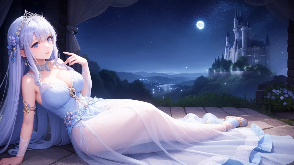 A princess with a delicate and beautiful face, large eyes, and translucent skin is looking up at the moon from a castle, enchantingly dressed in a traditional and glamorous medieval European dress and wearing a large hair ornament. A gentle, warm light surrounds the princess. The background is filled with soft out-of-focus light, and the pale blue and purple tones create a dreamy, serene, and enchanting atmosphere. Fireflies glowing in the moonlit night surround the princess, adding to the magical and ethereal atmosphere. Emphasis on the armpit and clavicle