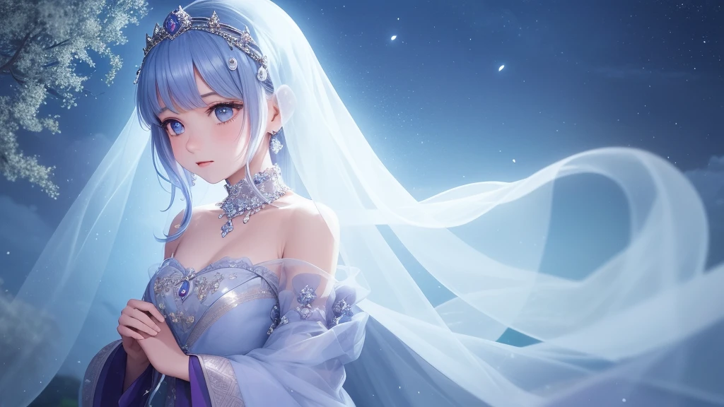 A princess with a delicate and beautiful face, large eyes, and translucent skin is looking up at the moon from a castle, enchantingly dressed in a traditional and glamorous medieval European dress and wearing a large hair ornament. A gentle, warm light surrounds the princess. The background is filled with soft out-of-focus light, and the pale blue and purple tones create a dreamy, serene, and enchanting atmosphere. Fireflies glowing in the moonlit night surround the princess, adding to the magical and ethereal atmosphere. Emphasis on the armpit and clavicle