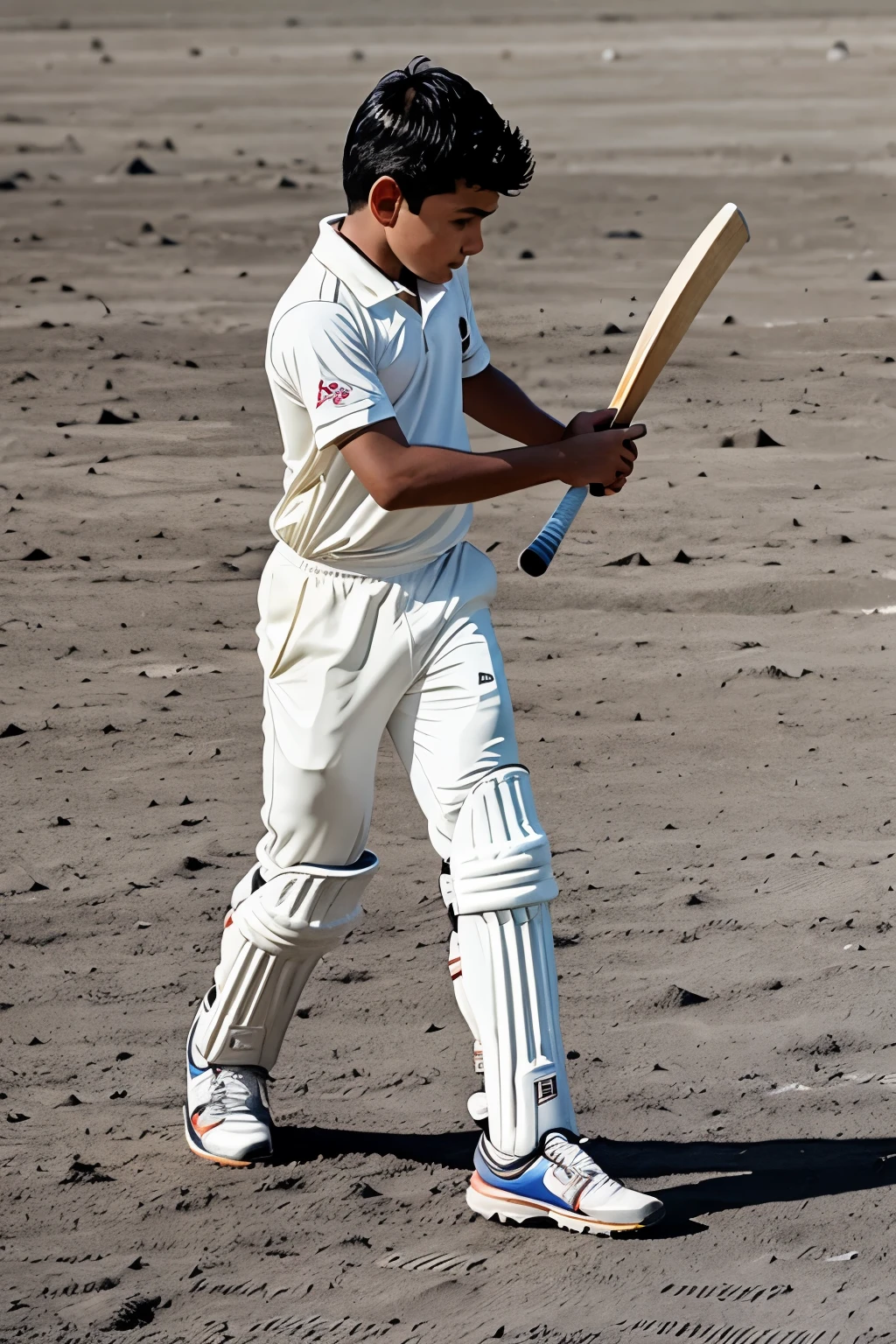 A boy playing cricket on moon