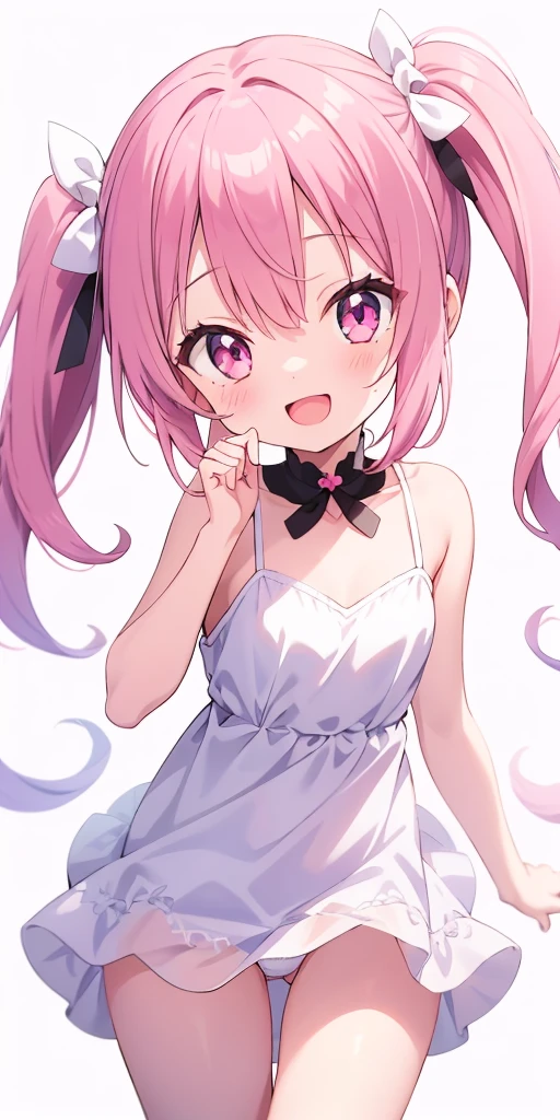 1girl, , cute daughter, happy, short hair, twintail hair, cute pink mini dress, white panties side tie, white background