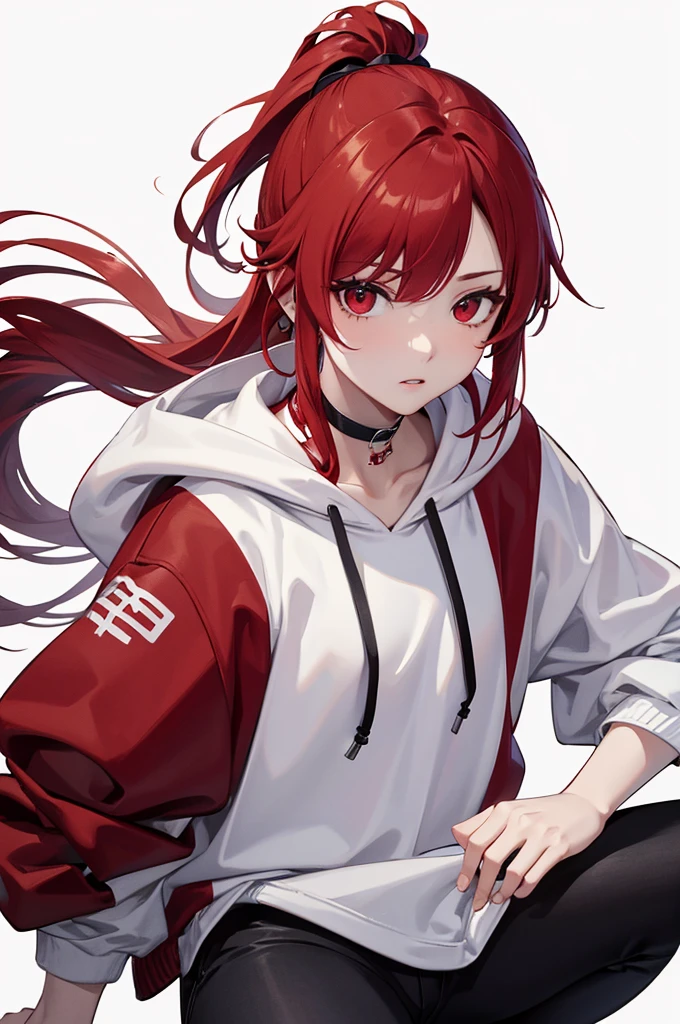 1 person, Red Hair, ponytail, red eyes, white hoodie, black pants, white background,