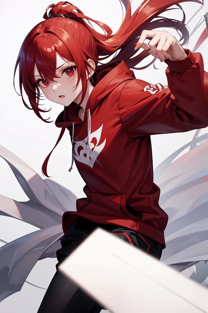 1 person, Red Hair, ponytail, red eyes, white hoodie, black pants, white background,