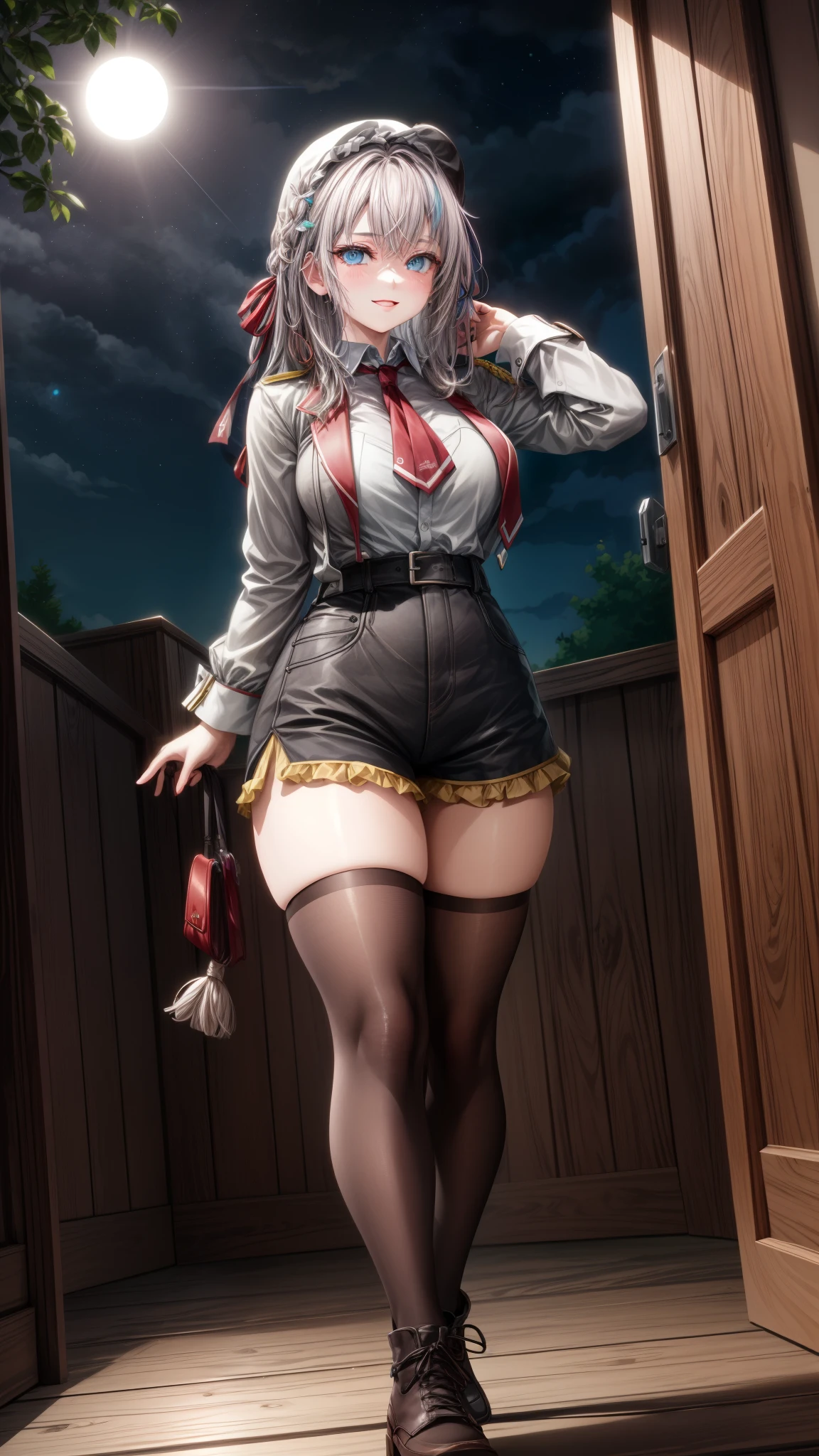 Alisa Kujou, 

(night:1.7), 1 girl standing at attention, 17 years,hembra joven,hermoso Finger, hermoso long legs ,hermoso body ,hermoso Nose ,hermoso character design, ojos perfectos, perfect rostro,

There is an anime girl in shorts walking through an open door., 1 chica, muslos, solo, (falda muy corta:1.4), blue eyes, senos, chaqueta, camisa school, medias largas , falda , white camisa, arco, mano en la cadera, rubor, black muslos, arcotie, adentro, calzado marron, zettai ryouiki, mocasines, zapatos, large senos, mirando al espectador, boca abierta, thighs,

mirando al espectador, sonrisa, saludando al espectador, en el centro de la imagen, Fondo de pantalla CG unity 8k extremadamente detallado, Perfect lighting,vistoso, Brillante_frente_rostro_Lightinasterpiece:1.0),(mejor_calidad:1.0), ultra high resolution,4k,ultra detallado,
Photography, 8k, hdr, high resolution, absurdos:1.2, codas portra 400, film grain, fondo borroso, bokeh:1.2, Destello de lente, (vibrante_color:1.2)
, (hermoso_rostro:1.5),(angosto_cintura), (hermoso,Enorme_senos:1.3)