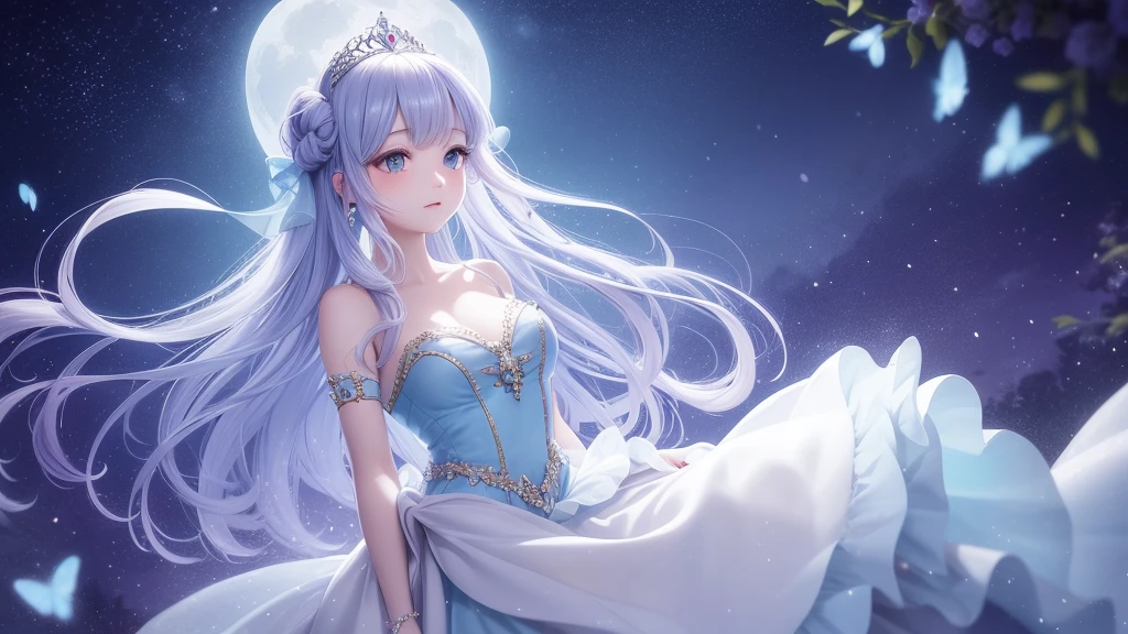A princess with a delicate and beautiful face, large eyes, and translucent skin is looking up at the moon from a castle, enchantingly dressed in a traditional and glamorous medieval European dress and wearing a large hair ornament. A gentle, warm light surrounds the princess. The background is filled with soft out-of-focus light, and the pale blue and purple tones create a dreamy, serene, and enchanting atmosphere. Fireflies glowing in the moonlit night surround the princess, adding to the magical and ethereal atmosphere. Emphasis on the armpit and clavicle