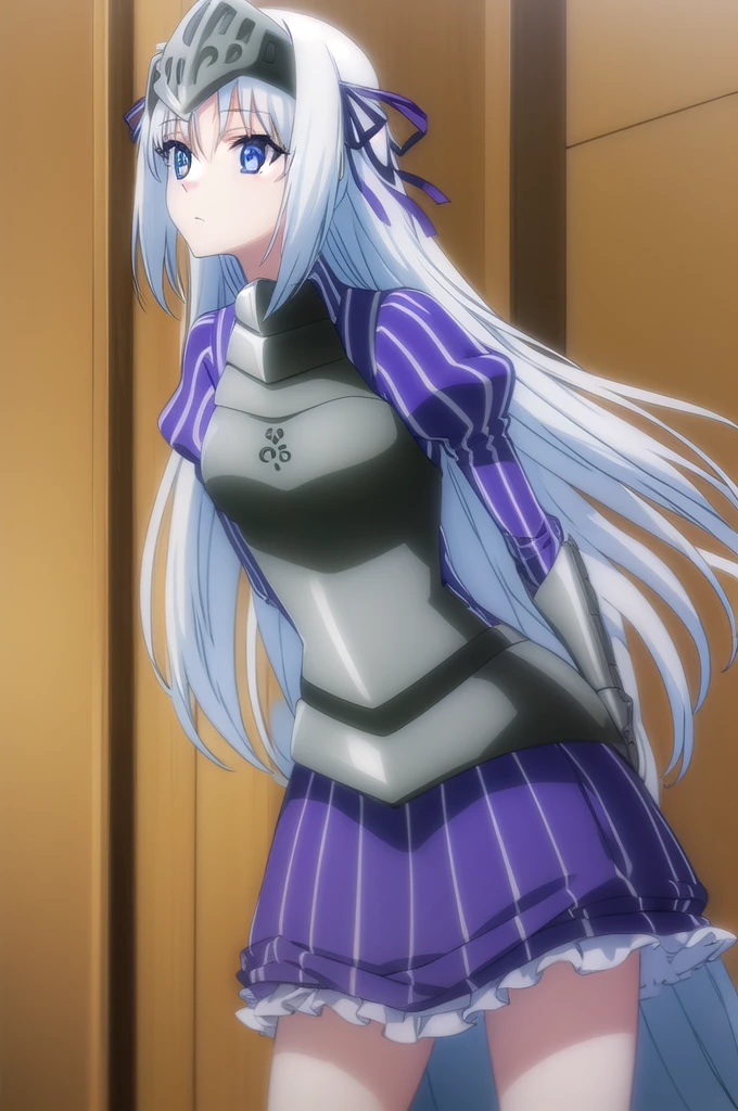 eucliwoodhellscythe, eucliwood hellscythe, long hair, blue eyes, very long hair, ribbon, hair ribbon, BREAK long sleeves, dress, puffy sleeves, armor, juliet sleeves, gauntlets, breastplate, armored dress, faulds, visor \(armor\), BREAK indoors, BREAK looking at viewer, (cowboy shot:1.5), BREAK (masterpiece:1.2), best quality, high resolution, unity 8k wallpaper, (illustration:0.8), (beautiful detailed eyes:1.6), extremely detailed face, perfect lighting, extremely detailed CG, (perfect hands, perfect anatomy) full body, barefoot