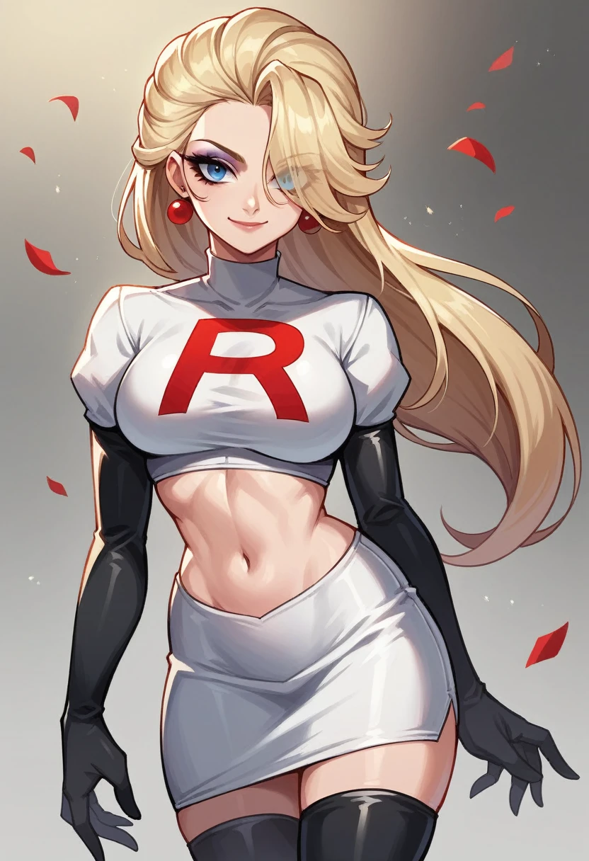 elsa, 1girl, solo ,blonde hair, blue eyes ,hair covering one eye, hair ornament ,glossy lips, earings ,team rocket uniform, red letter R, white skirt,white crop top,black thigh-high boots, black elbow gloves, closed mouth, evil smile, 