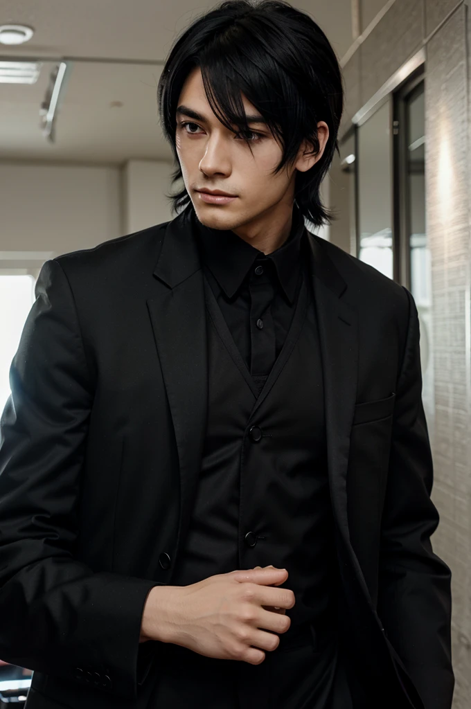 anime men, mid length black hair, in a musician suit