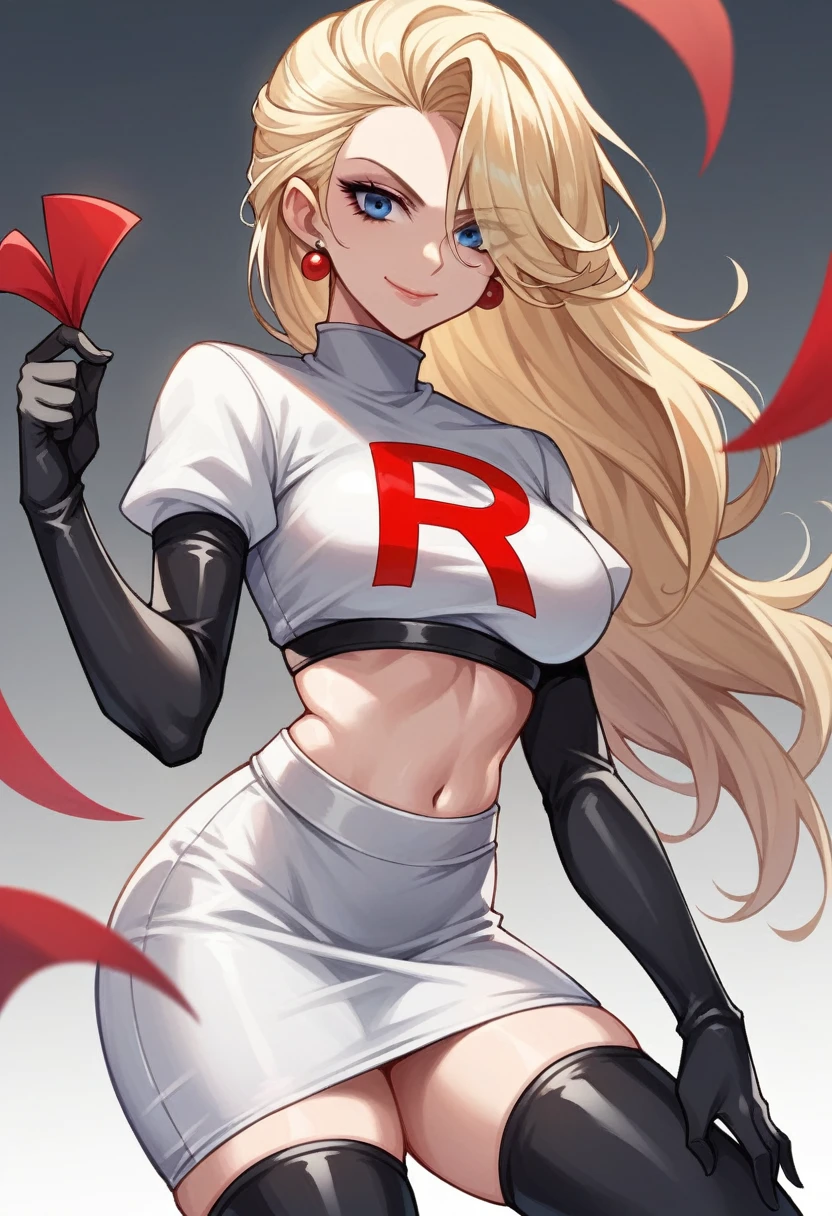 elsa, 1girl, solo ,blonde hair, blue eyes ,hair covering one eye, hair ornament ,glossy lips, earings ,team rocket uniform, red letter R, white skirt,white crop top,black thigh-high boots, black elbow gloves, closed mouth, evil smile,