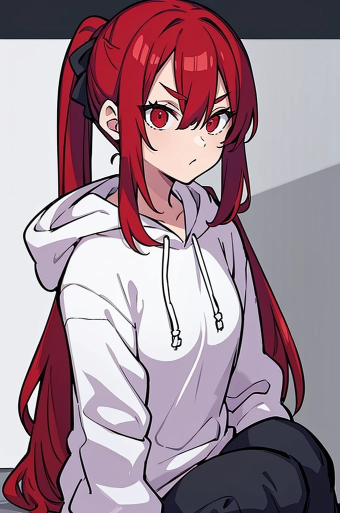 1 person, Red Hair, ponytail, red eyes, white hoodie, black pants, white background,