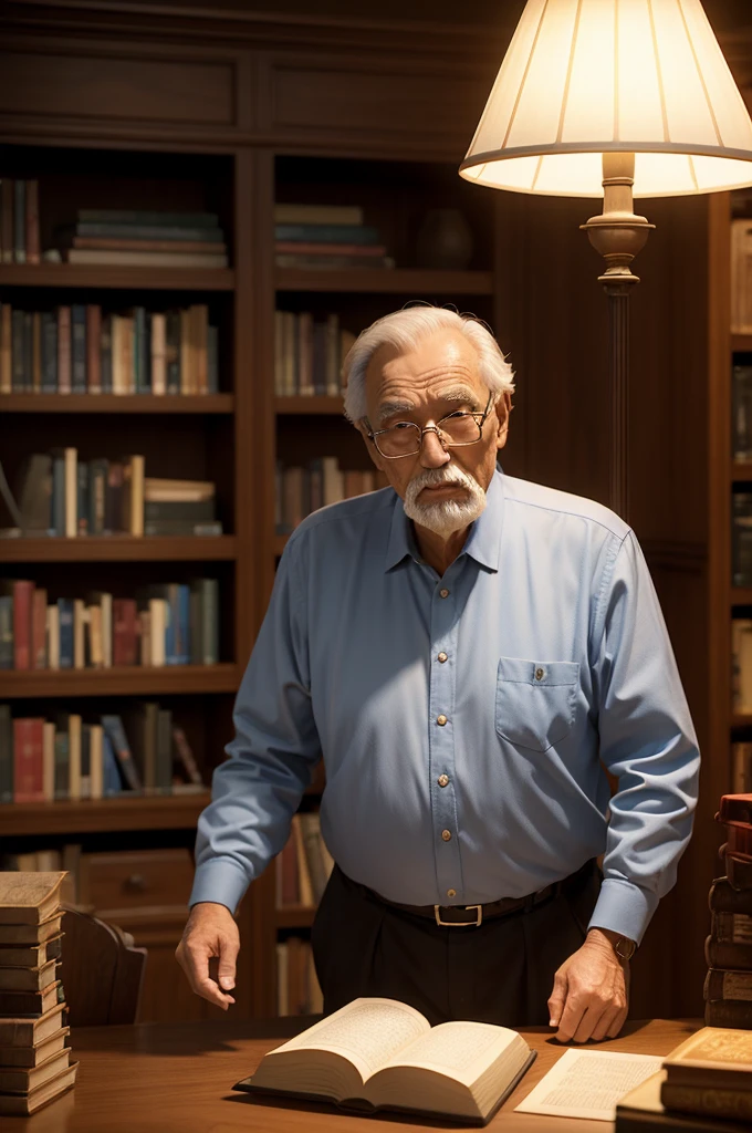 3D old man in a library lit by a lamp in his hand 