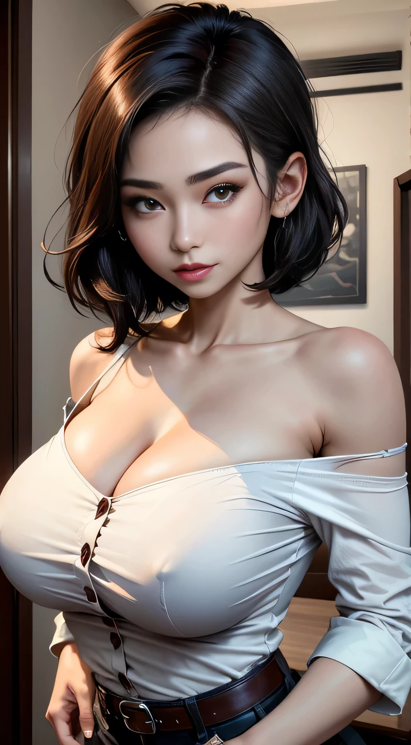 sfw, (((overly large loose shirt hanging off to the side hanging off on one shoulder 1.4))), ((best quality, 8k, masterpiece :1.3)), sharp focus :1.2, beautiful woman，Perfect body :1.4, slim abs :1.2, ((dark brown hair, big breasts :1.2)), (White button-down long shirt :1.1), city street:1.2, Highly detailed facial and skin textures, delicate eyes, double eyelids, medium wavy short hair, Off the shoulders, wearing bra,((skinny waist)), young asian girl, ((big breasted)),