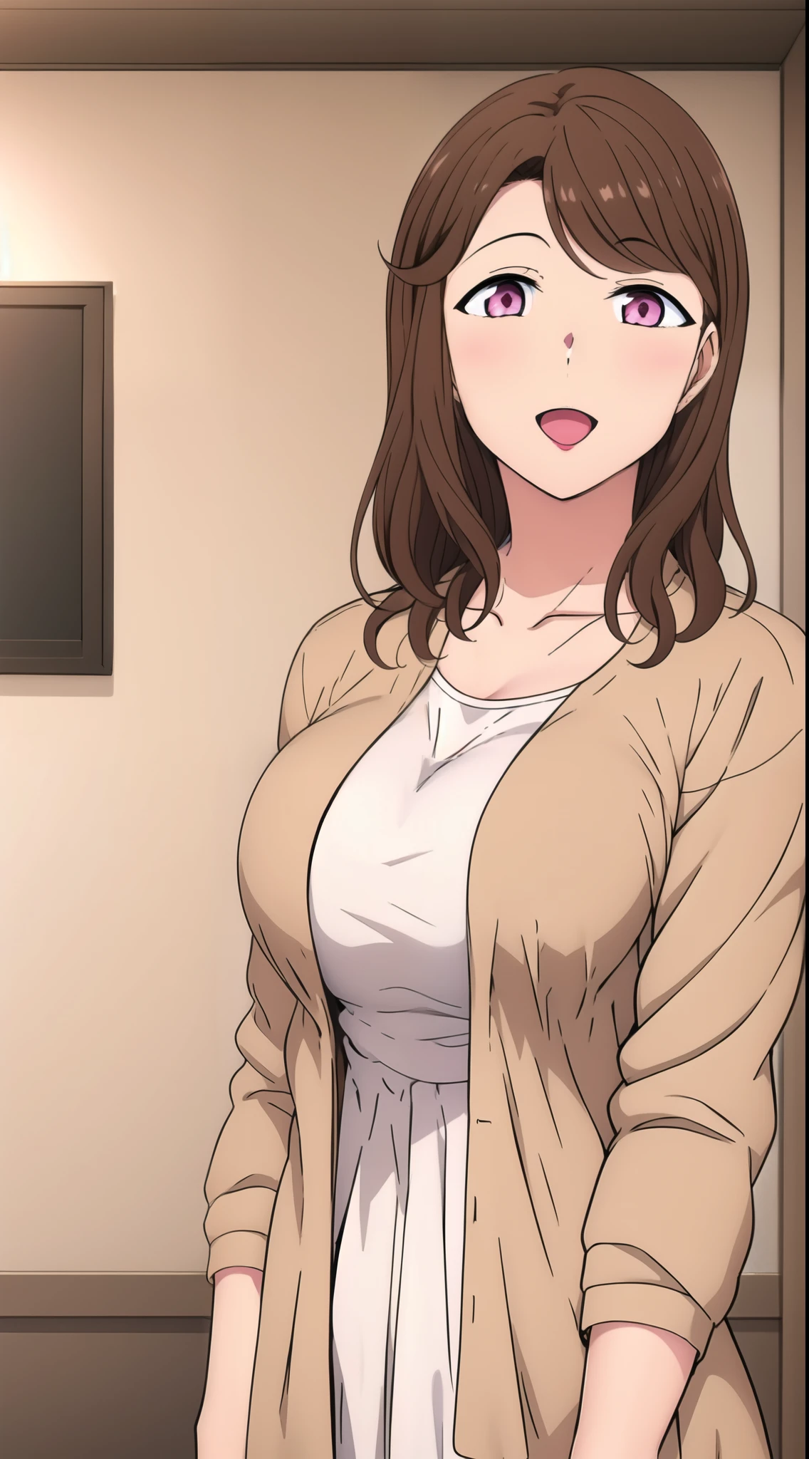 masterpiece,1girl, breasts, brown hair, solo, pink eyes, large breasts, open mouth, looking at viewer, , smile, medium hair, colllar, collarbone, indoors, beige jacket, opened jacket, white shirt, bag, upper body, , mature female, :d, official wallpaper
