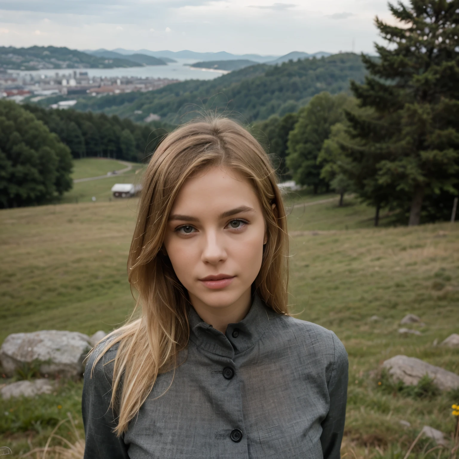 ((Best quality)), ((Meisterwerk)), perfektes Gesicht, amerikanisch , Blonde Haare, 26 Jahre alt, Modell, Nice, attraktives und erstaunliches Aussehen, Extremely beautiful, on a hill, beautiful view