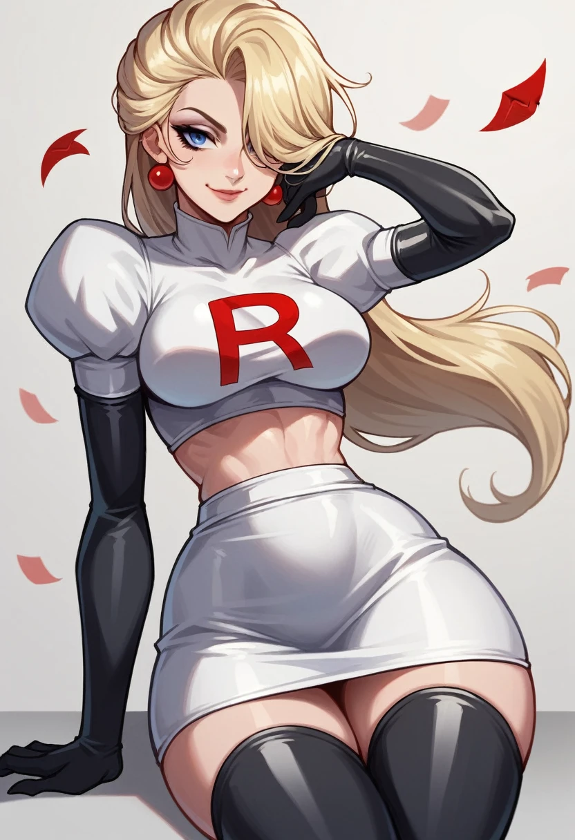 elsa, 1girl, solo ,blonde hair, blue eyes ,hair covering one eye, hair ornament ,glossy lips, earings ,team rocket uniform, red letter R, white skirt,white crop top,black thigh-high boots, black elbow gloves, closed mouth, evil smile,
